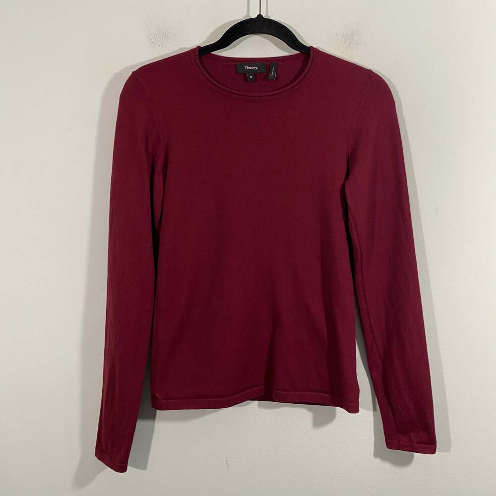 Theory Women Maroon Merino Wool Blend Slim Fit Crew Neck Pullover Size M
